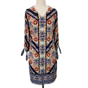 Chico’s Dress Size 2 Womens Large Ikat Print 3/4 Slit Tie Sleeve Tribal Artsy